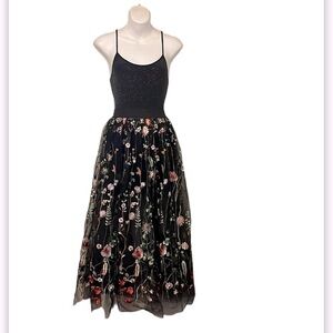 Black Mesh Sheer Floral Embroidered Bohemian Long Retro MIDI Skirt